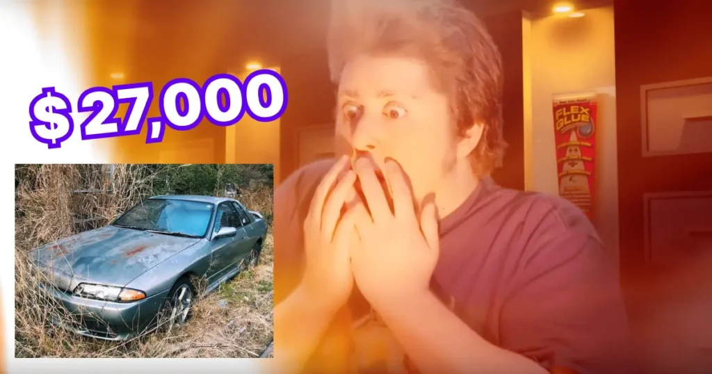 man reacting to a very overpriced Nissan Skyline