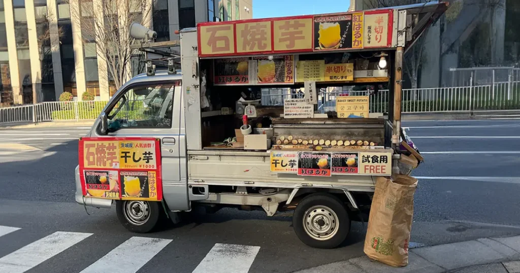 A kei truck put to work as a “Yaki Imo” baked sweet potato stand in Tsukishima